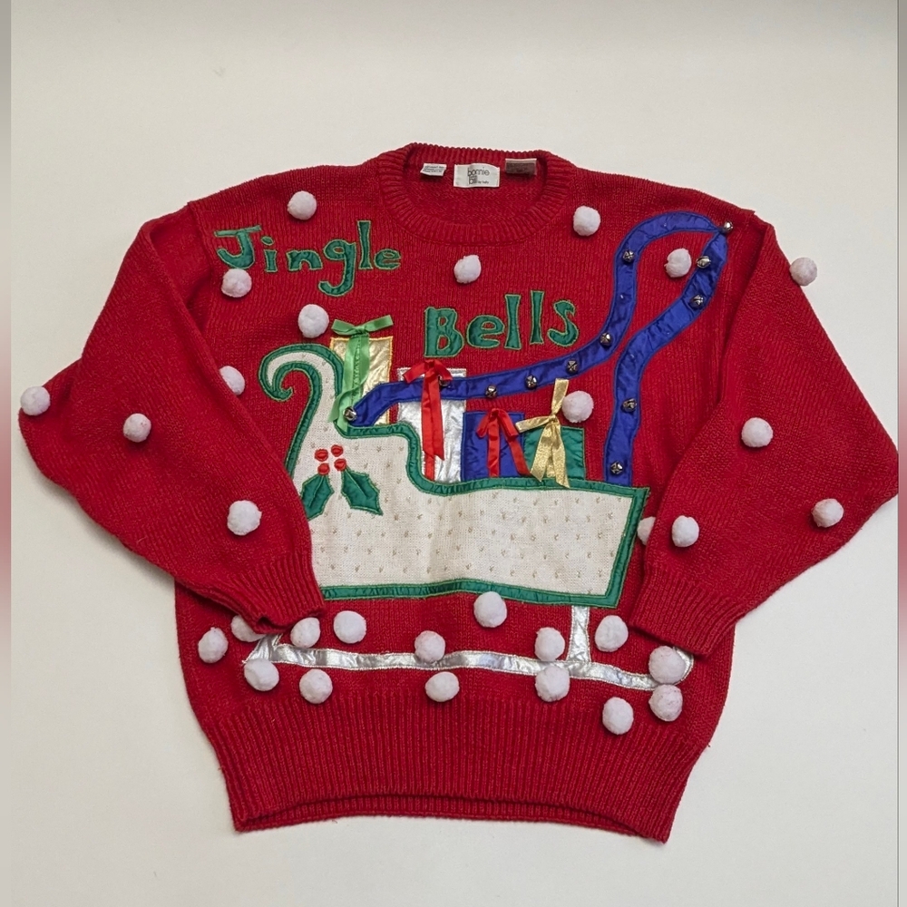 Vintage 80’s Bonnie and Bill Jingle Bells Red Funny Ugly Christmas Sweater Small